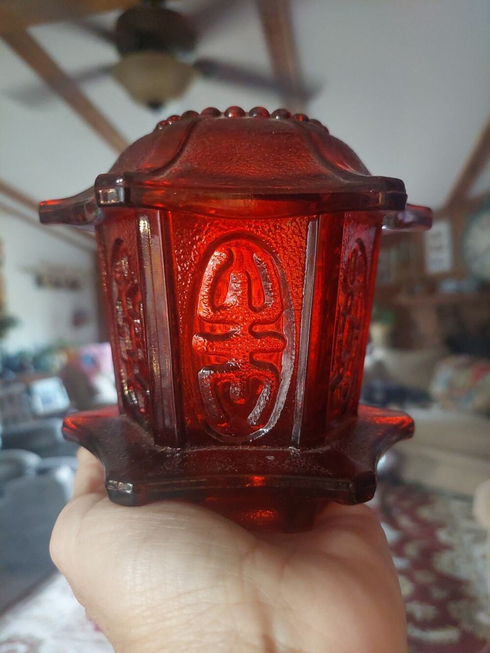 Vintage Homco Red Flashed Glass Pagoda Fairy Lamp Candle Holder 2 Piece Asian